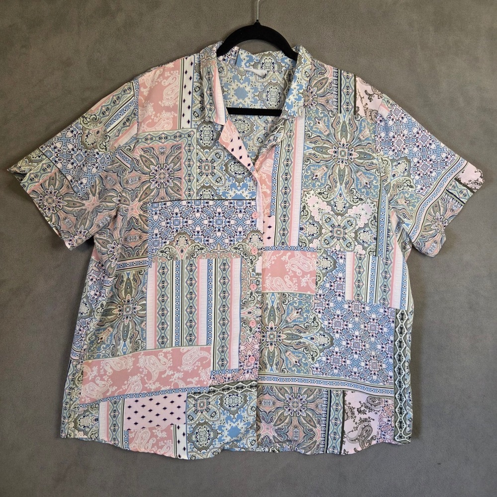 Patchwork Button Up Shirt Women's Size 3X Paisley Boho Pastel Pink Cottage